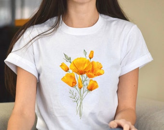 California Poppy T-Shirt Botanical Print Shirt California Poppies Shirt California Republic Wildflowers Orange Poppies