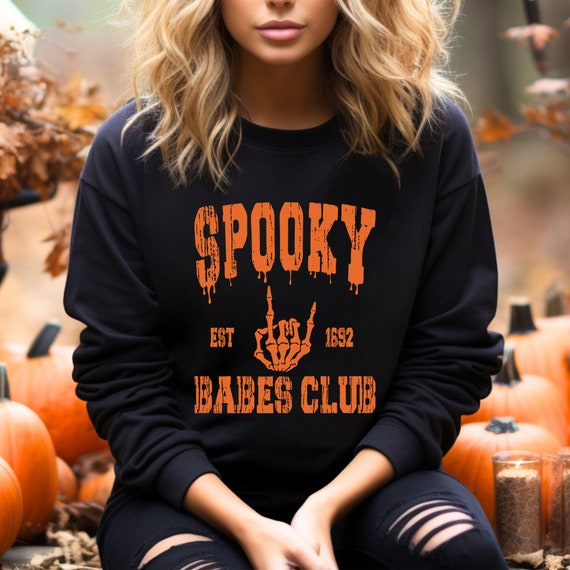 Halloween Spooky Babe Club Sweatshirt Est 1692 Spooky Babes Club Sweatshirt Retro Halloween Crewneck Skeleton Hand Sweatshirt Etsy