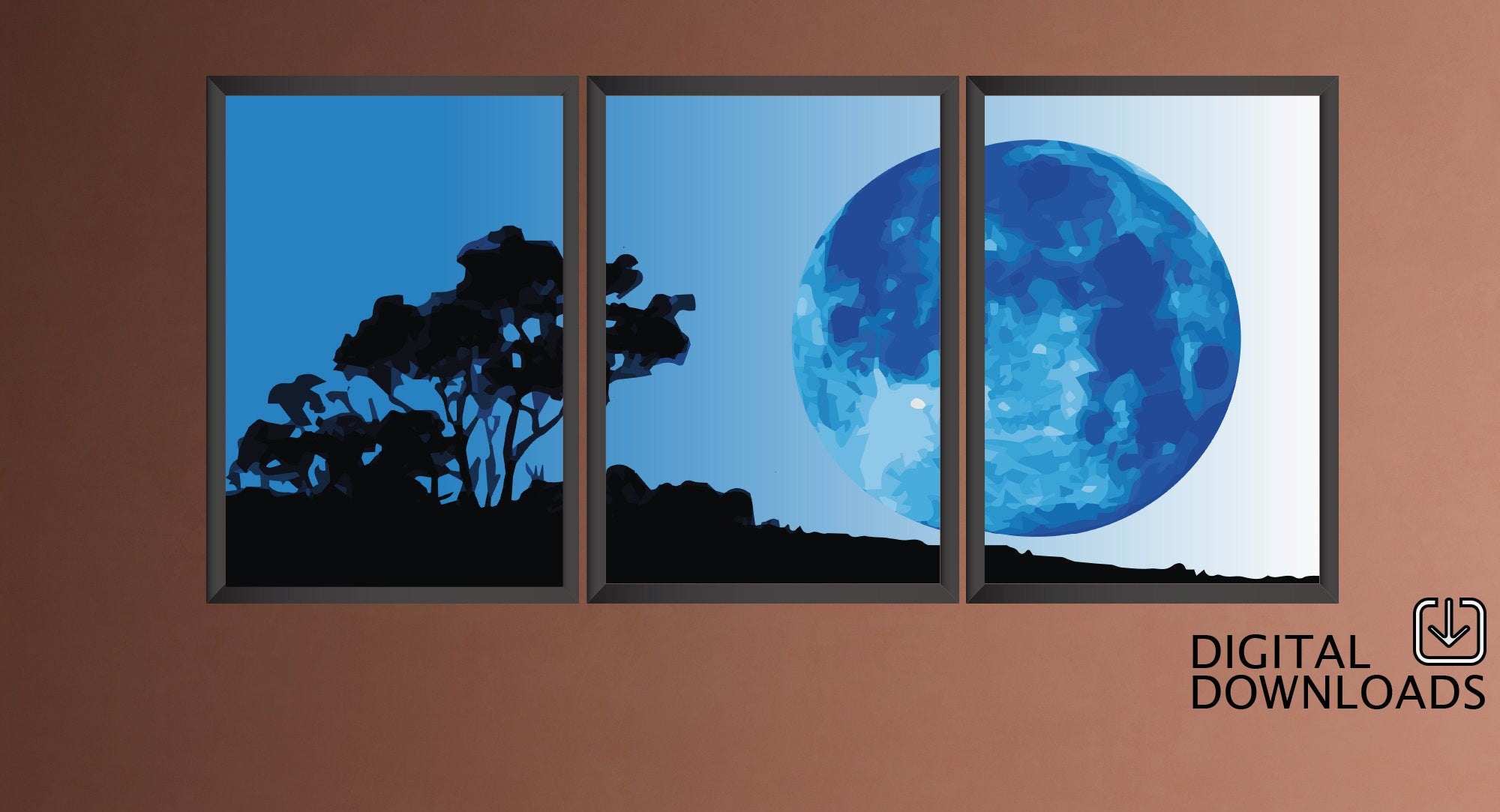 Blue Moon Print Set of 3 Full Moon Printable Wall Decor Etsy