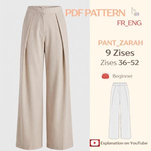 May include: Beige pinstriped wide-leg trousers with a high waist and front pleats. The text reads PDF PATTERN, FR_ENG, PANT_ZARAH, 9 Zises, Zises 36-52, Beginner, and Explanation on YouTube, accompanied by a line drawing of the pants.