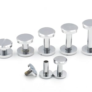 May include: A set of eight silver metal screw-on studs with a round head and a threaded post. The studs are of varying sizes.