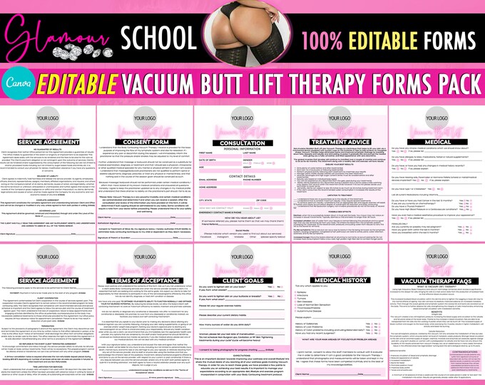 11x Vacuum Butt Lift EDITABLE Consent Forms Pack, Body Sculpt Therapy, Body Contouring, Cupping, BBL, Esthetician Sheets, Instant Download