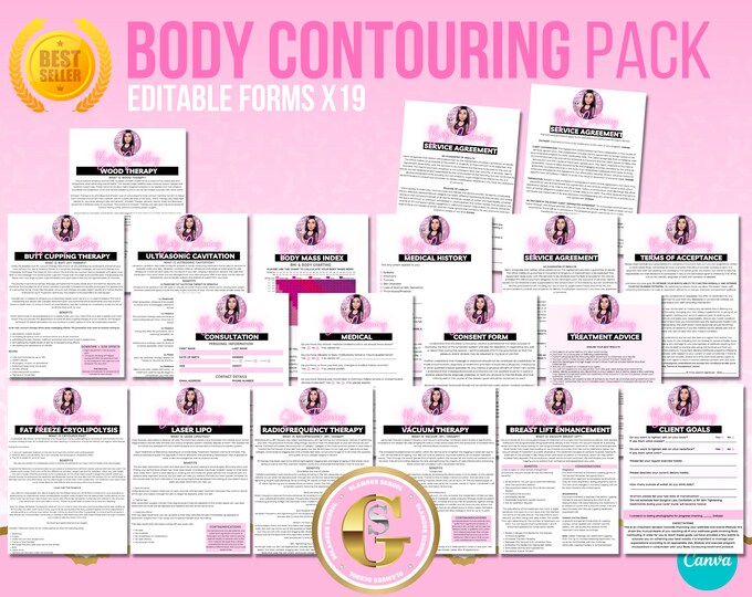 Body Contouring Editable Documents, Extensive Client Intake and Consent Forms, FAQS Forms, All Body Sculpting Treatments, Edit in Canva