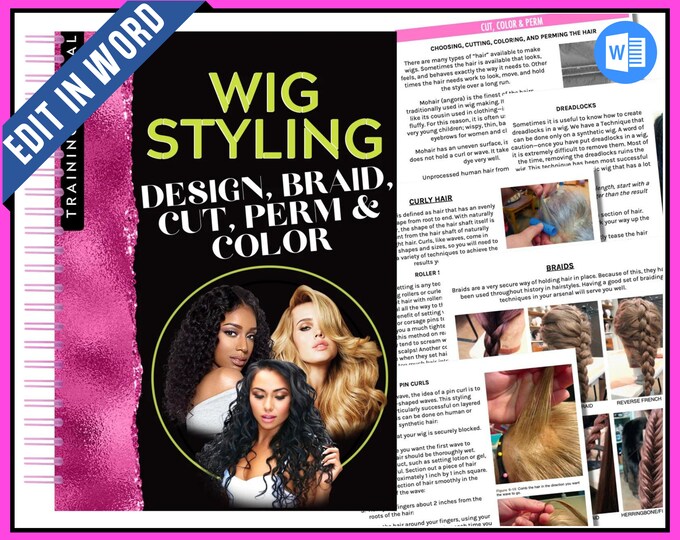 Wig Styling Training Manual Guide, Hair Technician, Hair Stylist, Online Course, Editable, Microsoft Word, PDF eBook, Instant Access
