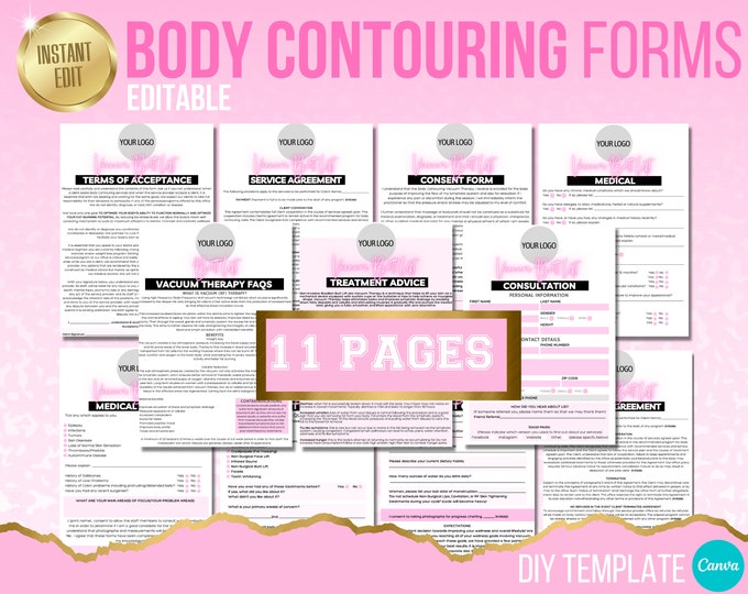 Vacuum Therapy Client Forms Pack, Body Sculpt Therapy Consent, Body Contouring, Cupping, BBL, Esthetician Sheets, Edit in Canva x11