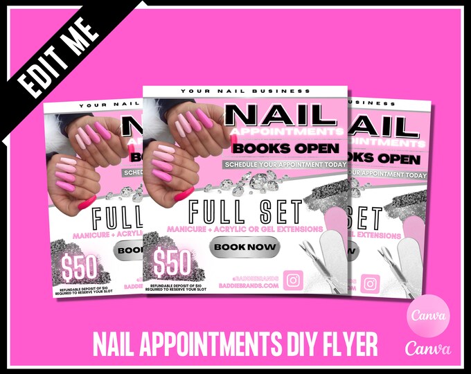 Pink NAIL APPOINTMENT FLYER, Pink canva template, Pink nails social media flyer, manicure nails availability post, edit in canva