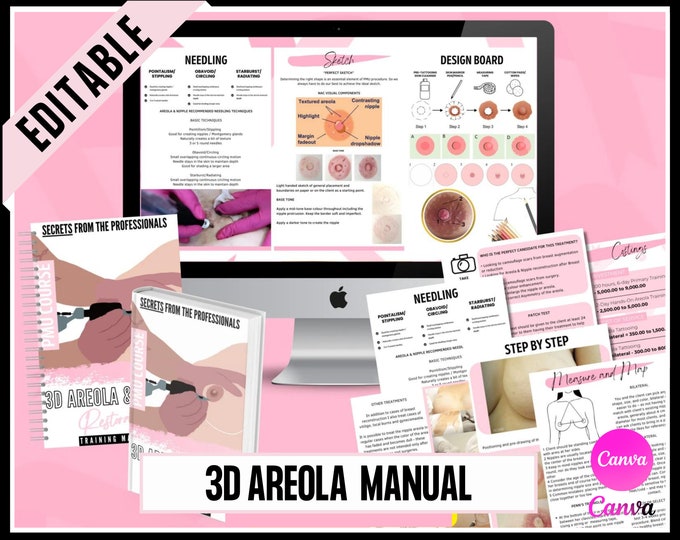 3D Areola Nipple Training Manual, Areola Tattoo eBook, Canva Editable, Student, Tutor, Areola Video Tutorials,  Instant Access Online Course