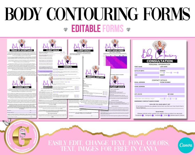 Body Contouring Client Forms Bundle, Body Sculpting, Lilac, Add your logo, Canva, PDF, Instant Download, Esthetician, Intake, Consent