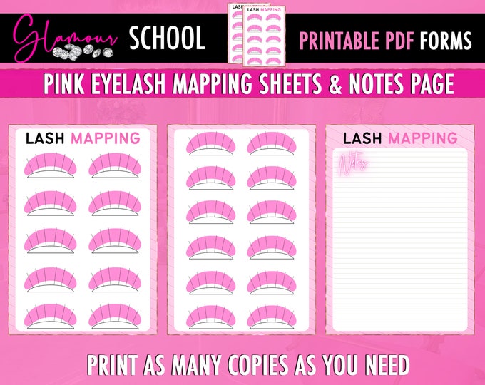 Pink Lash Mapping Forms, Eyelash Extensions Practice, Printable , Lash Artist, Esthetician, Eyelash Mapping, Instant PDF Download