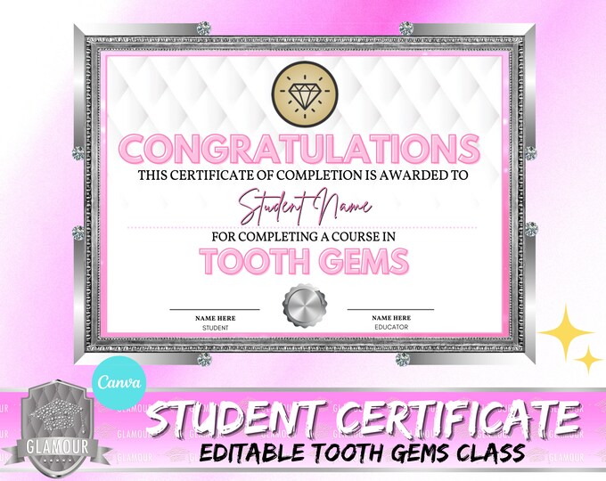 Tooth Gems Editable Certificate, Editable Canva Certificate, Teeth Jewelry, Tooth Jewels, Certificate, Customisable Template, Instant Access