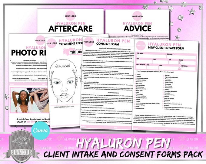 Hyaluron Pen EDITABLE Consent Forms, Client Waiver, Aftercare, Treatment Record, Printable PDF, Canva, No Needle Filler, Instant Download