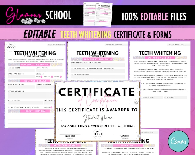 Teeth Whitening Editable Consent Forms and Certificate, Tooth Whitening Customizable Certificate and Client Intake Forms, Instant Access
