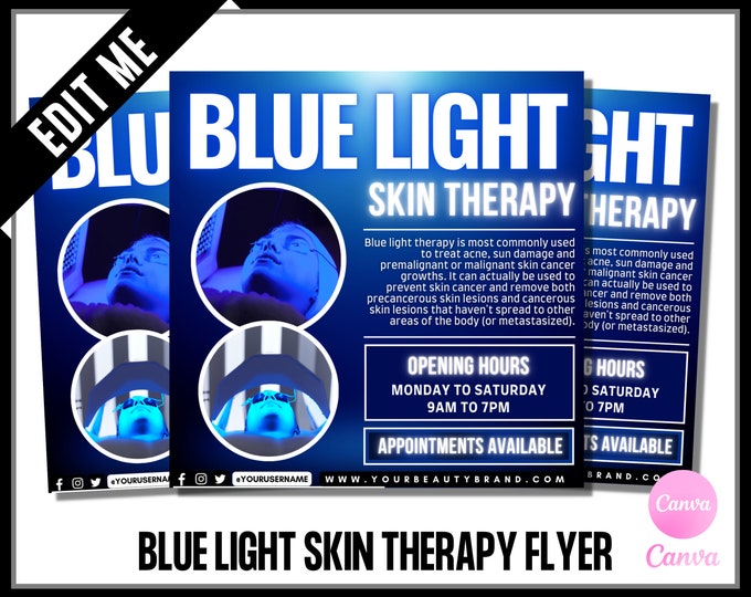 Blue Light Therapy Flyer, Phototherapy Flyer Template, Acne Treatment, Esthetician Eflyer, Photodynamic Skin Treatment, Edit in Canva