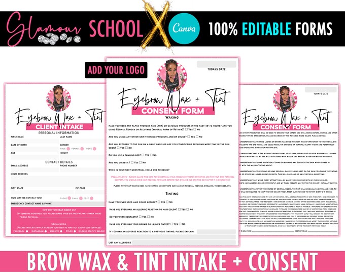 Eyebrow Waxing + Tinting EDITABLE Consent Forms, Brow Treatments, Brow Boss, Esthetician Canva Editable Intake, Cosmetology Form, Aesthetics