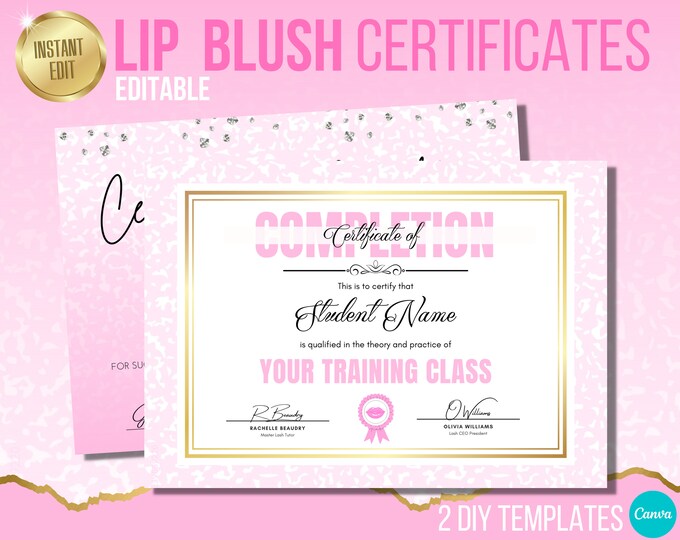 Lip Blush Certificate, Pink, Lip Tattoos, Diploma Template, PMU Certificate, DIY, Certificate Template, Edit in Canva