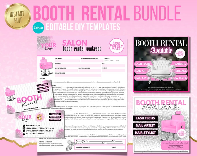 Booth Rental Business Pack, Salon Rental Contract, Social Flyers, Business Cards, Document, Personalize for your brand, Editable in Canva