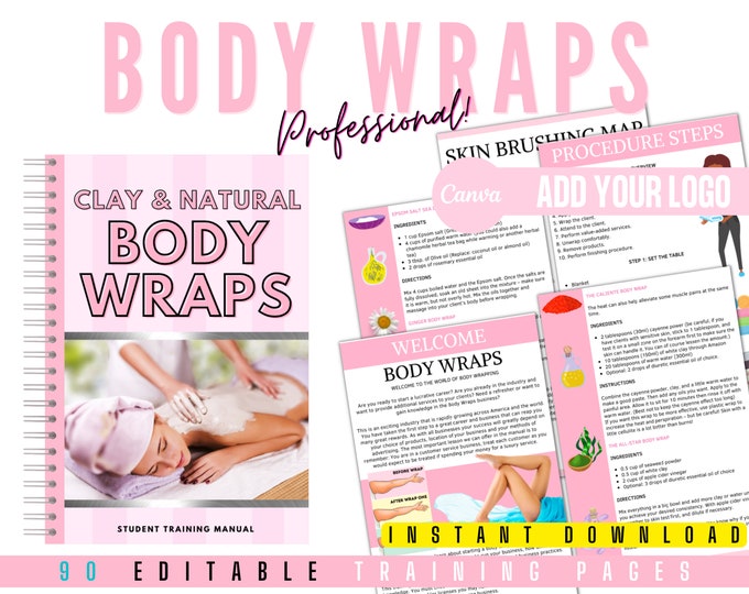 Body Wraps Training Manual, Body Slimming, Body Detox, recipes, Canva Editable, Clay, Mud, Mineral, Inch loss Body Wraps Online Course