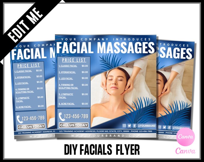 Facial Massage Flyer, Facials Flyer, Blue Esthetican Flyer, Appointments Flyer, Spa Flyer, Academy Flyers for Facials, Edit in Canva