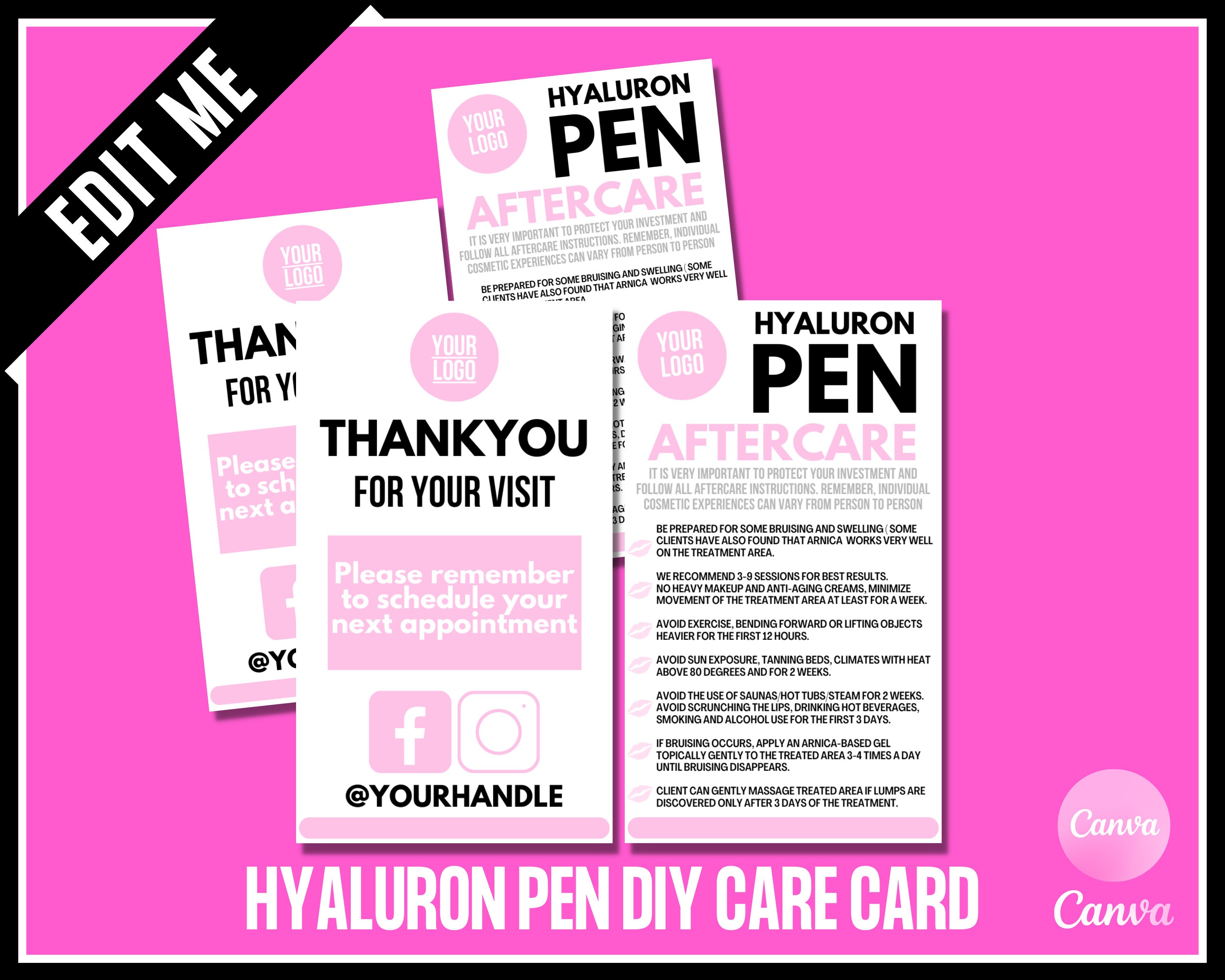 Hyaluron Pen Client Care Card, Wallet Sized, After Care Cards, Edit in Canva