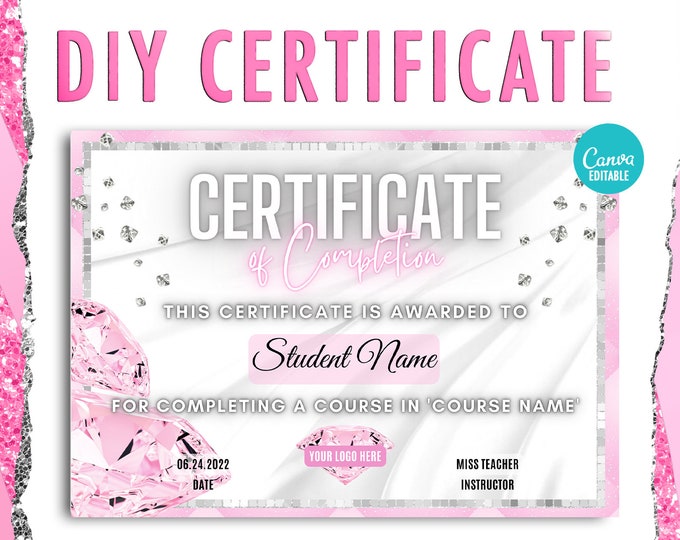 Pink & White Diamonds ANY CLASS, Editable Canva DIY Template, Training Course Certificate, Beauty Training Certification, Instant Download