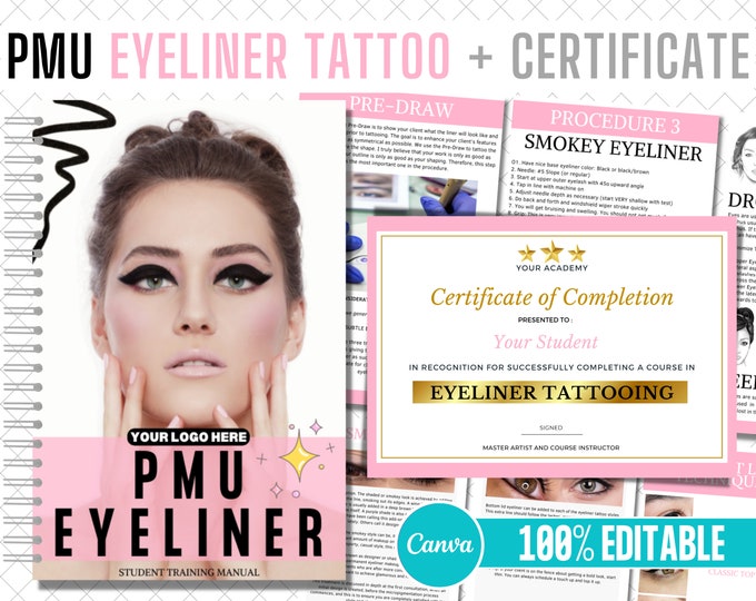 Eyeliner Tattoo Training Manual, Editable PMU, Certificate, Eyeliner Tattooing, Online Learning, PMU Courses, Permanent Makeup Academy Class