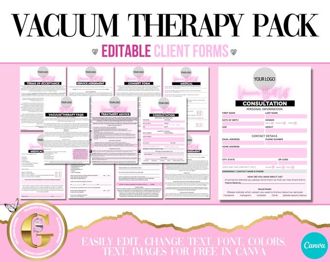 Vacuum Therapy EDITABLE Consent Forms Pack, Body Sculpt Therapy, Body Contouring, Cupping, BBL, Esthetician Sheets, Edit in Canva x11