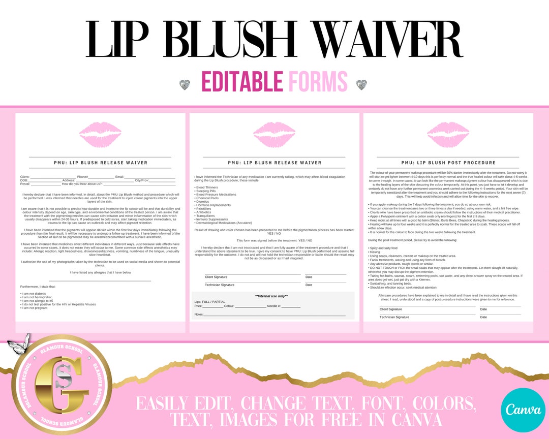 Lip Blush Consent Forms Pink Permanent Makeup PMU Waiver - Etsy