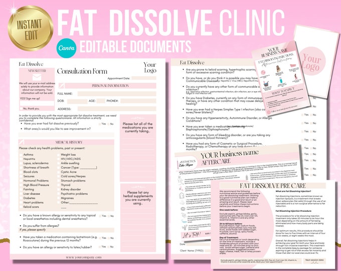 Fat Dissolve Forms, Consultation, Consent, Waiver, Aftercare, Care Cards, Meso Lipo, No Needle Filler, Instant Download, Edit in Canva
