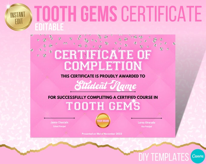 Tooth Gems Certificate, Tooth Gems Diploma, Certificate of Completion, Student Certificate, DIY, Add your logo, Edit in Canva