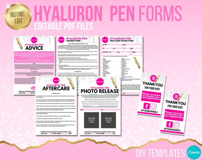 Hyaluron Pen Documents Pack, Client Consent Forms, Client Record, Client Aftercare Cards, Edit in Canva