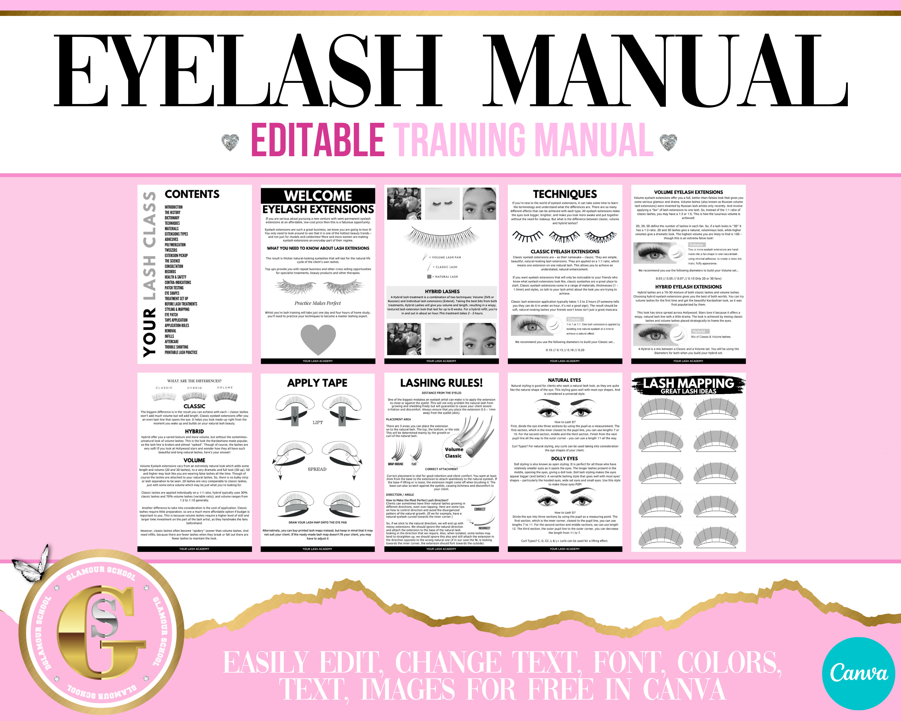 Lash Training Manual, Black and White Design, Classic, Volume, Hybrid,  Eyelash Extensions Guide, Professional Training Manual, Edit in Canva