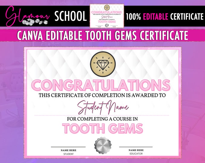 Tooth Gems EDITABLE Certificate, Editable Canva Certificate, Teeth Jewelry, Tooth Jewels, Certificate, Customisable Template, Instant Access