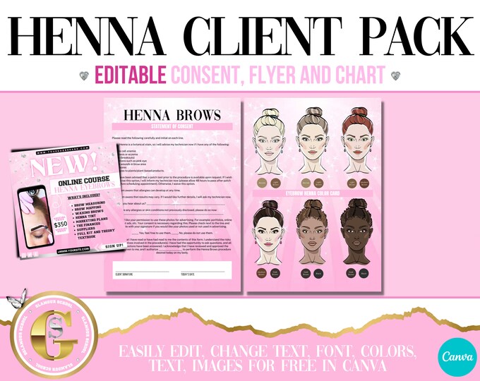 Henna Brows Consent Form, Henna Brows Social Media Flyer, Henna Brow Color Match, Printable PDF, Consultation Pack, Edit in Canva