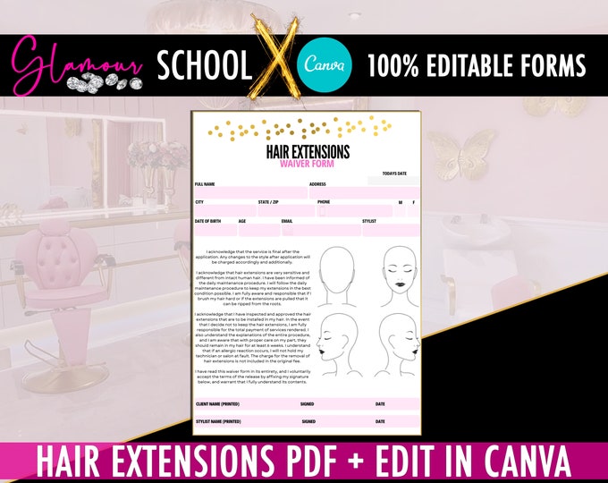 Hair Extensions Waiver EDITABLE Consent Forms, Hair Stylist, Hair Salon, Canva Template, Printable, Add your logo, PDF, Instant Download