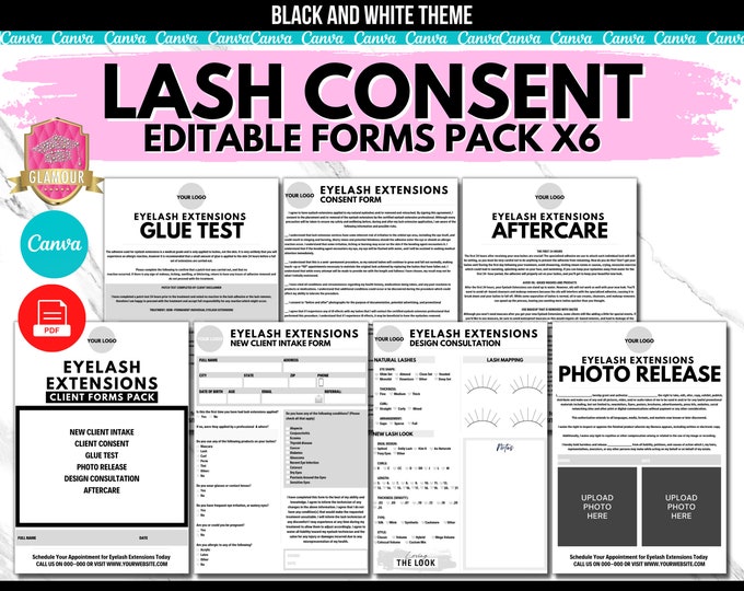 Lash Extensions Editable Consent Forms, Lash Artist, Waiver, Eyelash Extensions, After Care, Client Record, PDF, Canva, Instant Download