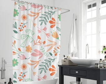 Rideaux de douche feuillage de plante botanique printanière, rideau de séparation de salle de bain en polyester rose et vert avec 12 crochets