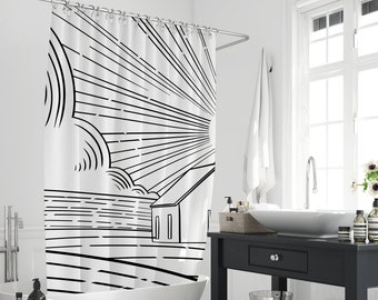 Schwarz Weiß Boho Geometrische Muster Sonnenlicht Scheune Duschvorhang, Abstrakt Linie Bogen Skizze Kunst Design Badezimmer Vorhang Dekor mit 12 Haken