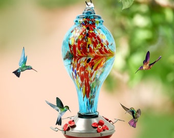 Hummingbird Feeders Vibrant Blown Glass For Outdoors, Garden Feeder With Ring Flower For Bird View Seed Hanging Decor Yard Balcony Outside