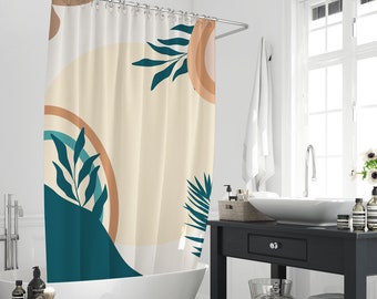 Boho Abstract Modern Mid Century Pattern Shower Curtains, Botanical Leaf Plant Beige Bathroom Decors Curtains, Plant Bath Curtain With Hooks