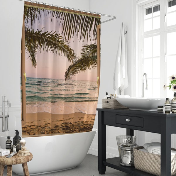 Pink Tone Sunset Palm Tree Ocean Beach Tropical Style Shower Curtains, Dusk Hawaiian Seaside Scene Bathing Bathroom Curtains With 12 Hooks