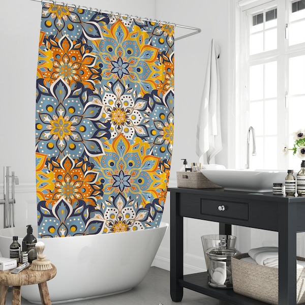 Boho Abstract Gypsy Floral Mandala Flower Shower Curtains, Bohemian Mid Century Blue Yellow Flowers Bathtub Bathroom Curtain With 12 Hooks