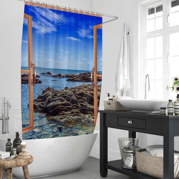 Ocean Rock Stone Beach Seascape Shower Curtains, Blue Sea Sky Coastal Scenery For Bathtub Partition Curtain, Bathing Accessory With 12 Hooks