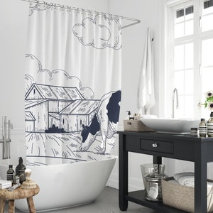 Rustic Country Pattern Farmhouse Cow Eats Grass Shower Curtain, Hand Drawn Rural Life Scene Cloud Barn Bathtub Decors Curtains With 12 Hooks
