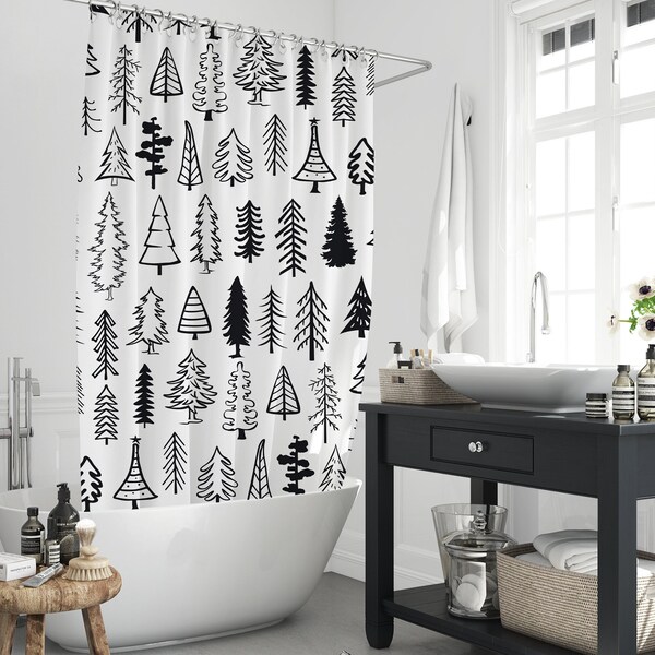 Black & White Christmas Trees Shower Curtain, Geometric Rough Tree Abstract Waterproof Polyester Bath Curtain With Hooks Decor Holiday Gift