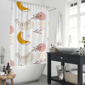 Boho Moon Flower Leaf Plants Geometric Abstract Shower Curtain, Botanical Plant Pattern Polyester Fabric Bathtub Curtains Decors With Hooks