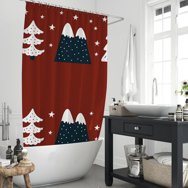 Jingle Holiday Xmas Trees Stars Shower Curtains, Merry Christmas Tree Burgundy Background Waterproof Bathtub Decors Curtains, With 12 Hooks