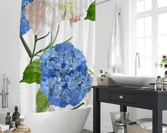 Künstlerischer Duschvorhang mit botanischem Aquarell, blauer Blume und Pflanze, ästhetischer, moderner Garten-Hortensien-Blumen-Badevorhang-Dekor mit 12 Haken