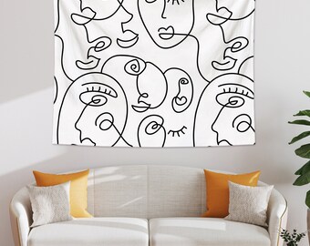 One Line Abstract Drawing Faces Tapestry, Black ＆ White Line Art Female Women Faces Art Design Tapestries, Tapestry For Home Wall Hanging