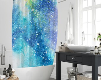 Rideau de douche onirique bleu ciel étoilé nuage scintillant, rideau de baignoire motif marbre aquarelle abstrait séparation cadeau pour la maison avec 12 crochets