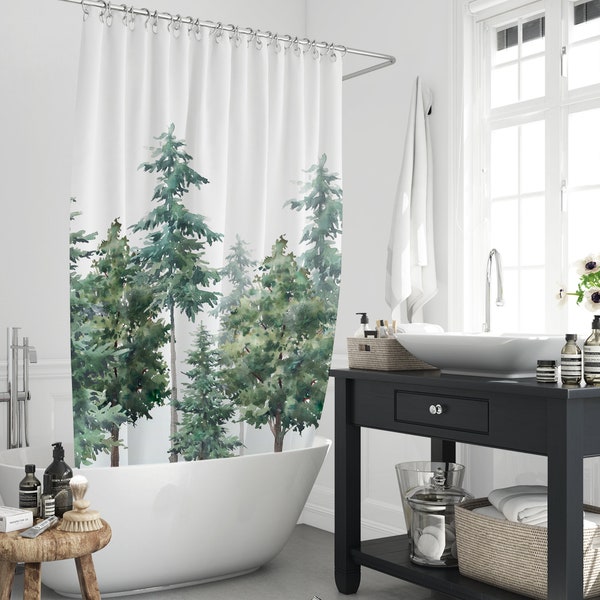 Pine Trees Shower Curtains Sets, Forest Green Tree Rustic Waterproof Polyester Fabric Bath Curtain Fall Nature Bath Set With 12 Hooks Decor